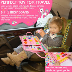 Esjay Busy Board threading numbers page encourages hand-eye coordination