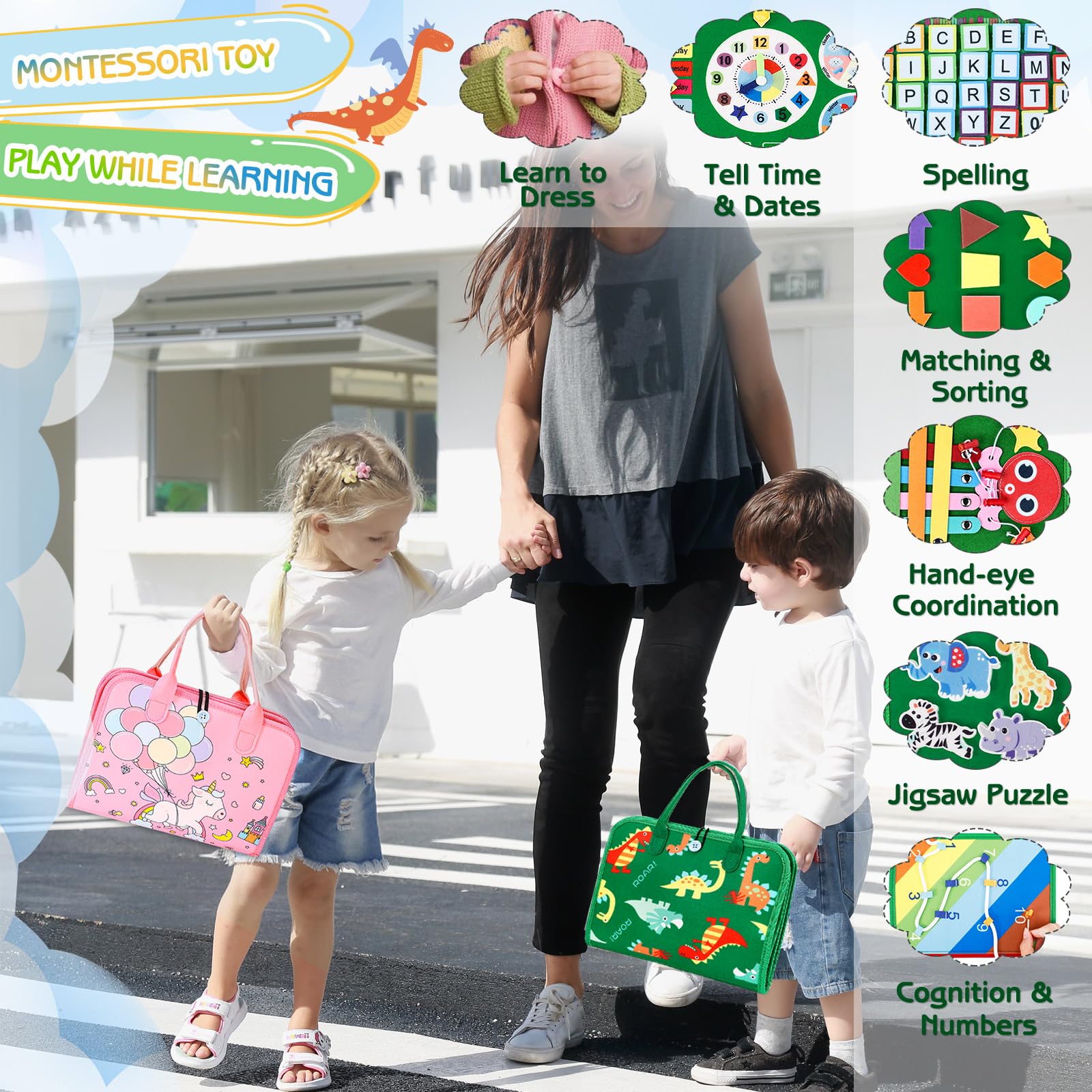 Esjay travel-friendly busy board with handle supports travel and car journeys.