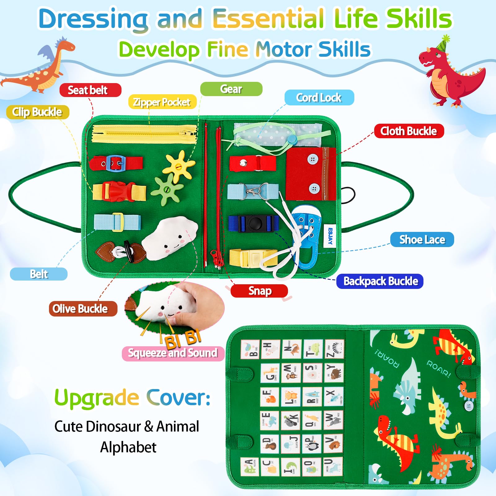 Esjay zipper and button page promotes fine motor practice during travel.