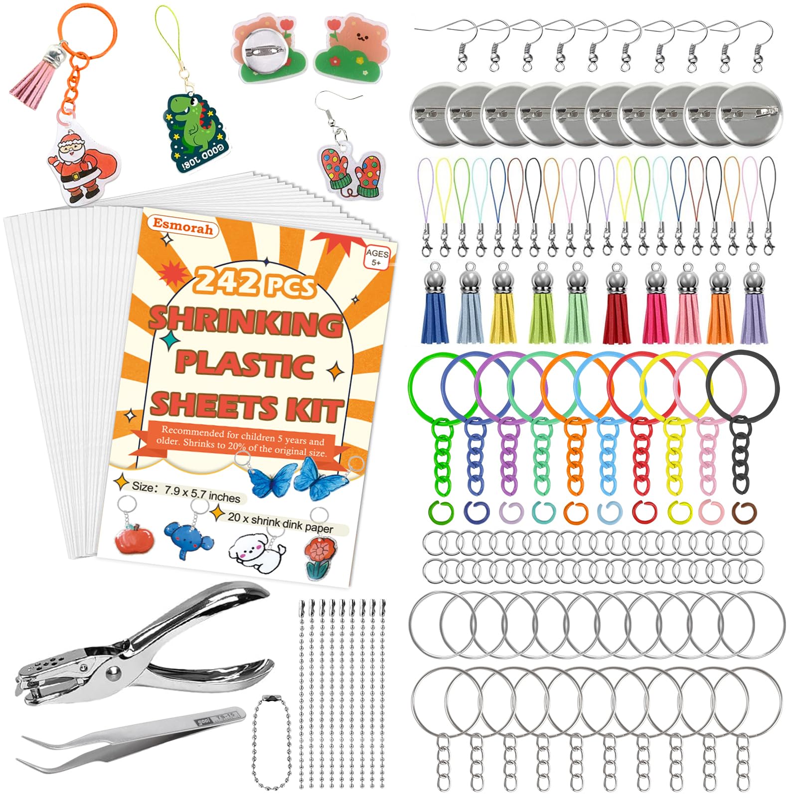 Esmorah 242pcs shrink dink kit layout for easy DIY crafts and gifts.