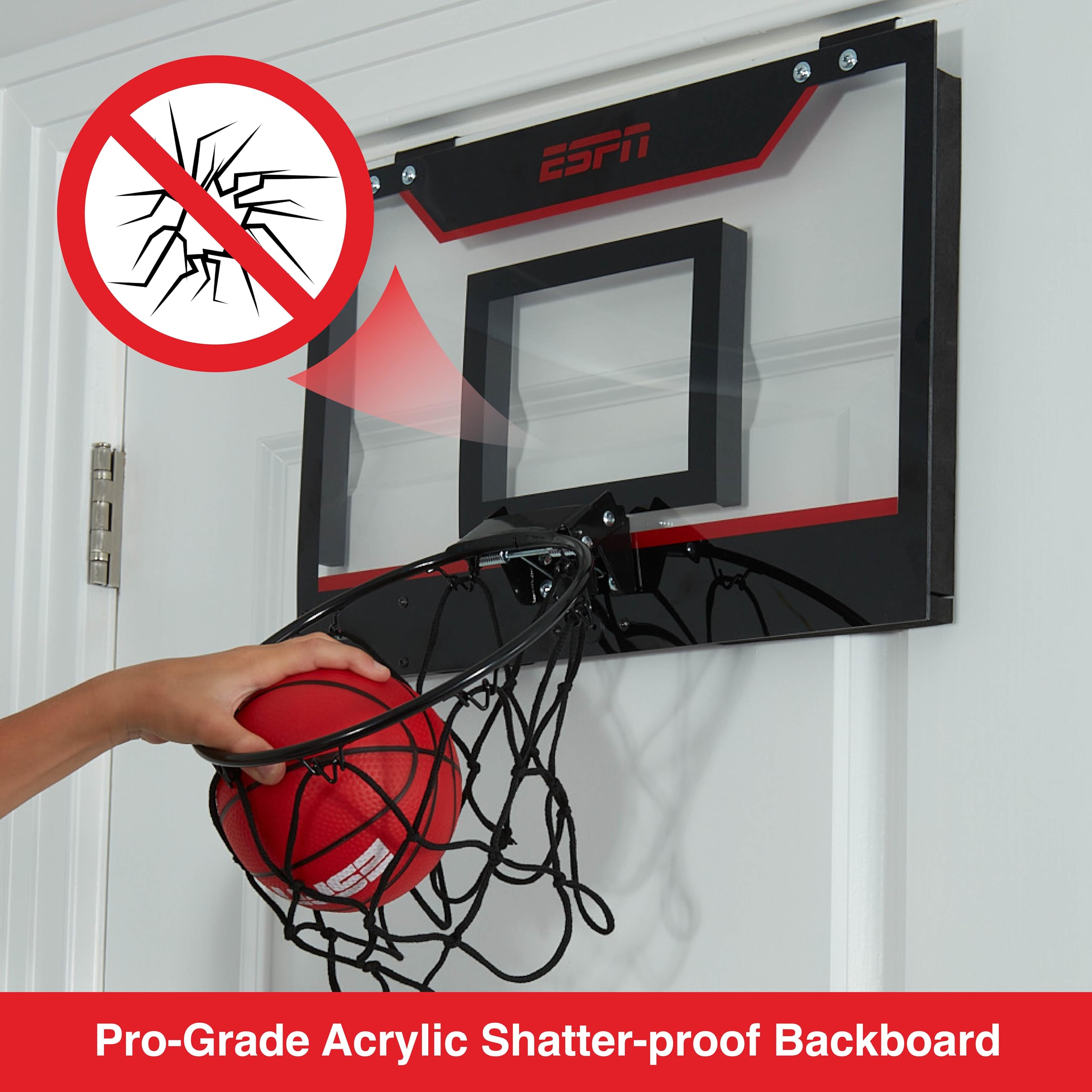 Foldable breakaway rim on ESPN hoop shown during action.