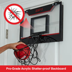 Foldable breakaway rim on ESPN hoop shown during action.