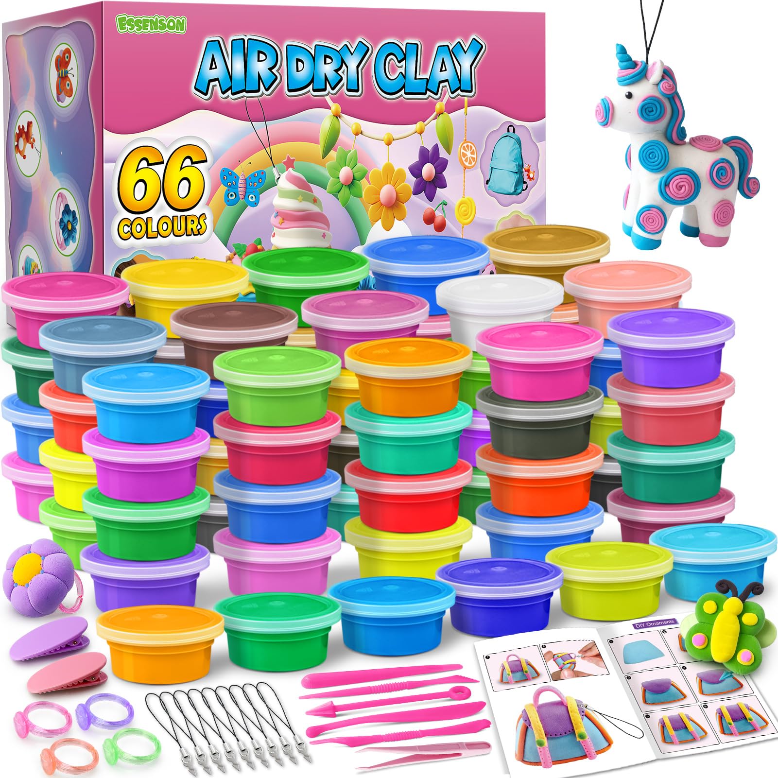 ESSENSON 66-color air-dry clay kit for vibrant DIY jewelry making and crafts.