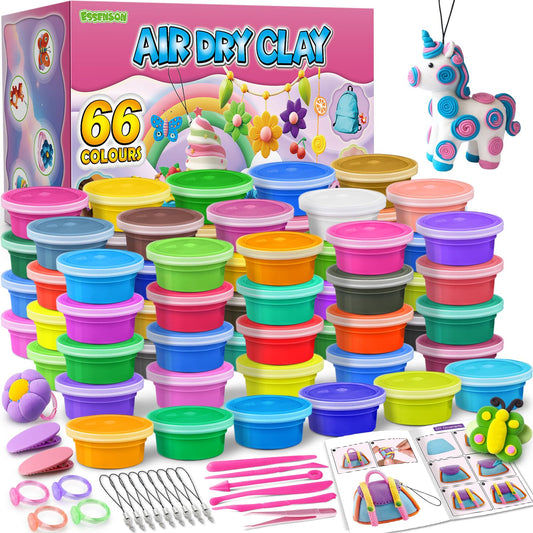ESSENSON 66-color air-dry clay kit for vibrant DIY jewelry making and crafts.