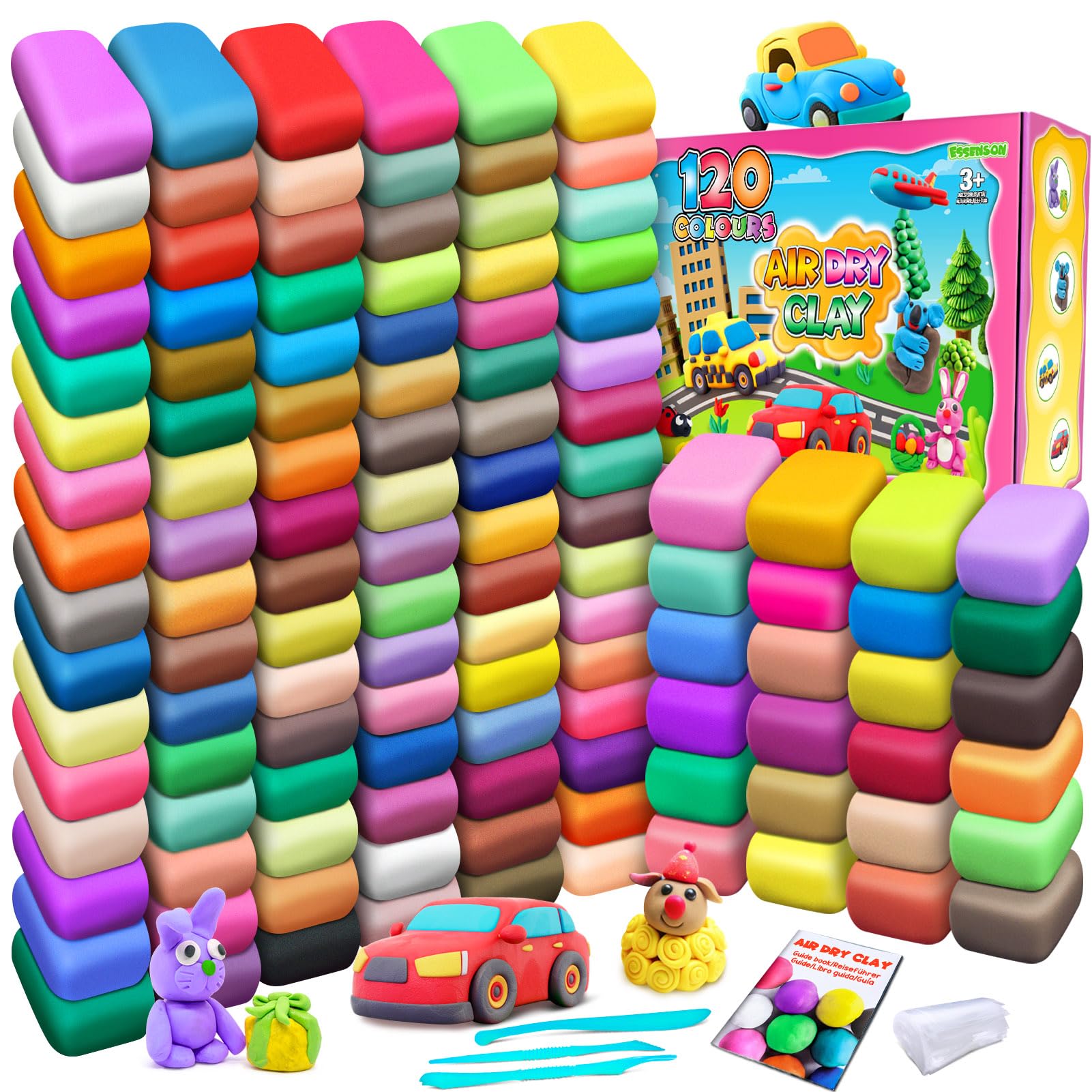 ESSENSON air dry clay 120 colors pack for kids, inspiring vibrant color blending and creative play.