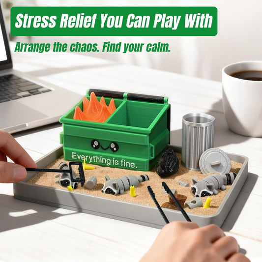 Estairkas Dumpster Fire Zen Garden sand texture invites tactile relief between emails and meetings