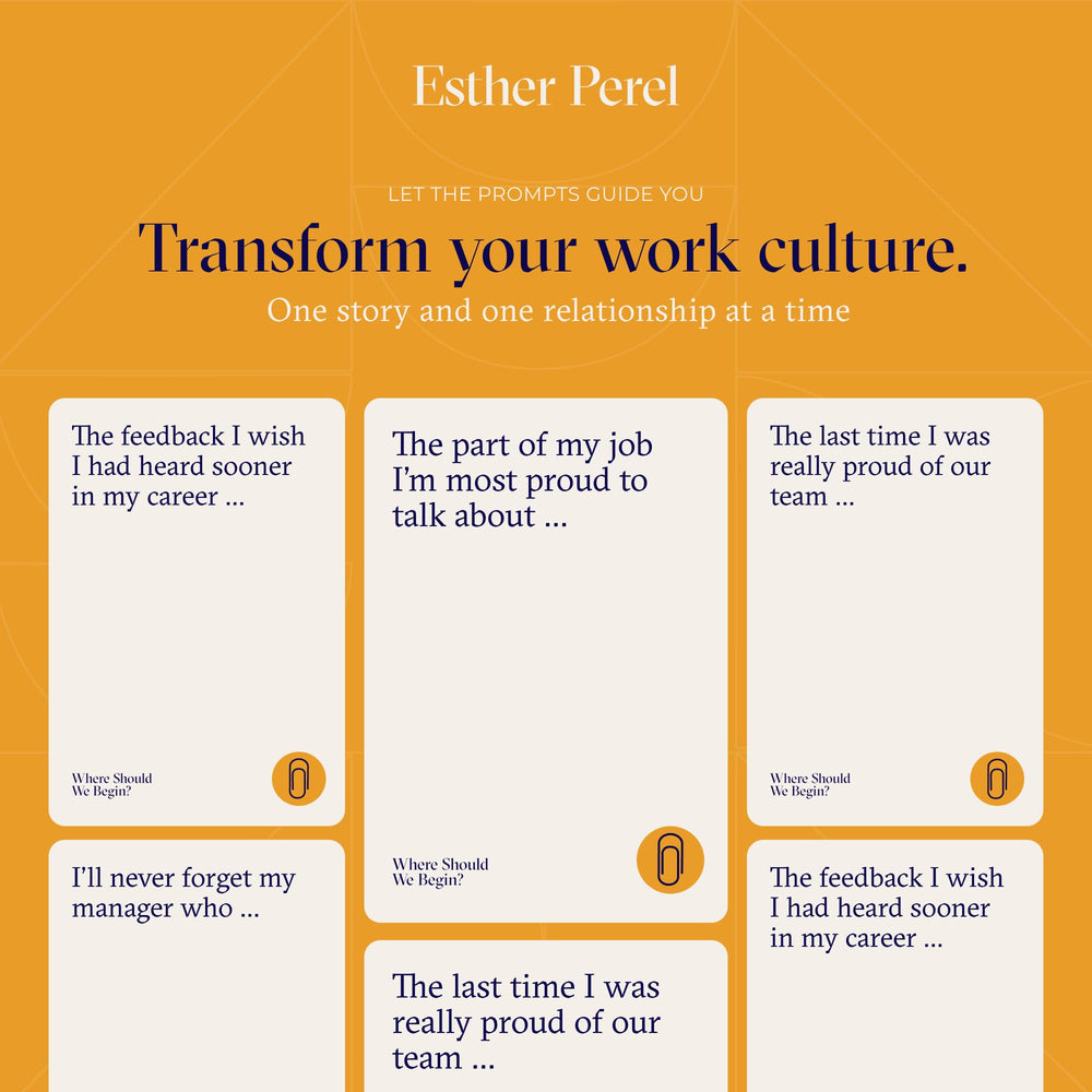ESTHER PEREL Where Should We Begin? at Work prompts shown during a video call
