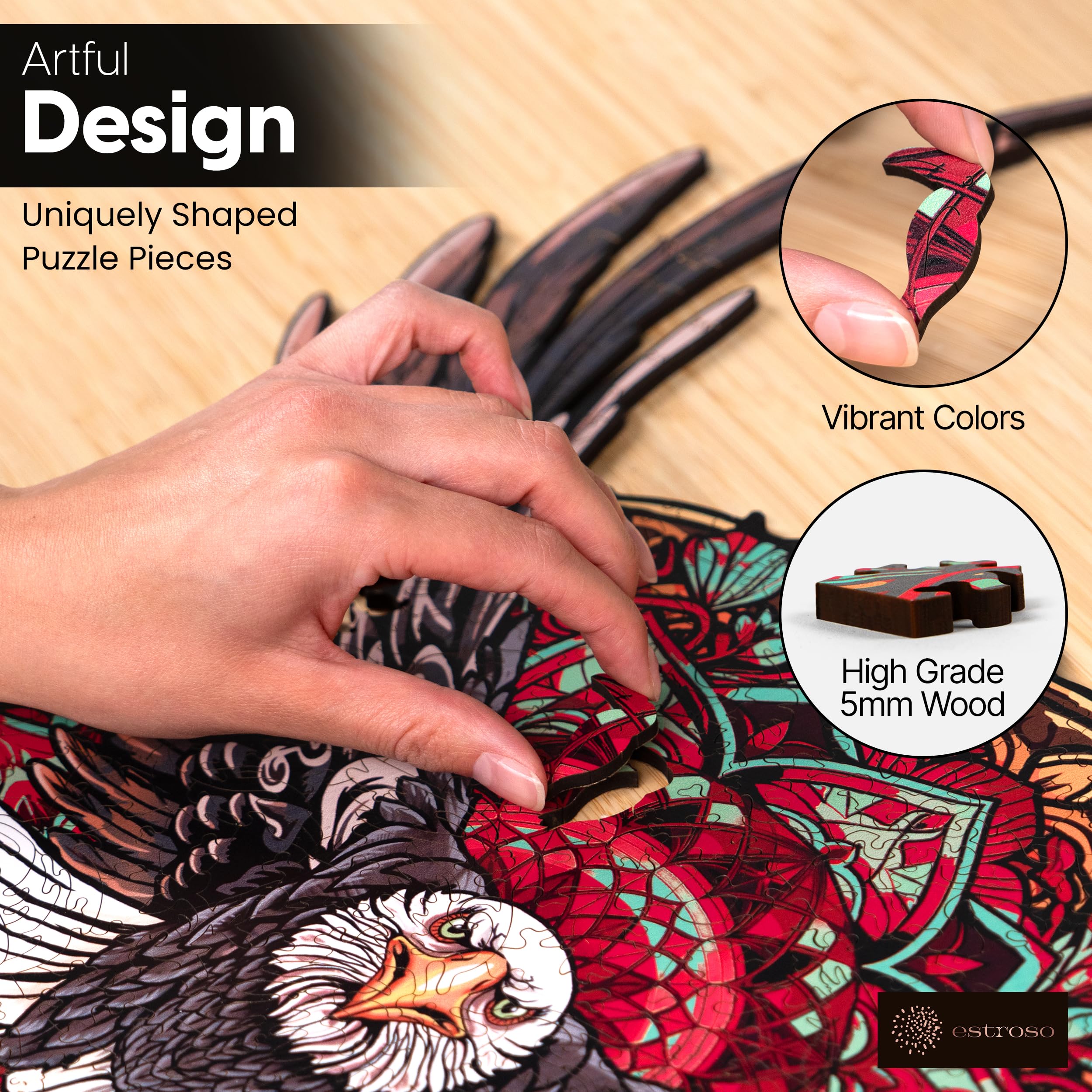 ESTROSO Bald Eagle Mandala puzzle pieces, tactile wooden feel for immersive puzzling sessions