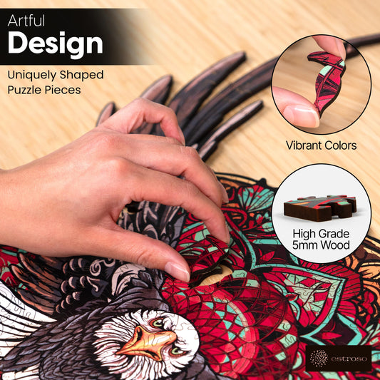 ESTROSO Bald Eagle Mandala puzzle pieces, tactile wooden feel for immersive puzzling sessions