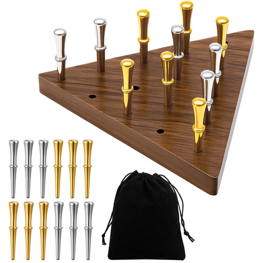 Estune triangle peg game board in black walnut, ideal for family game nights.