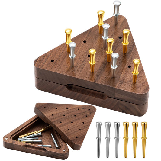 Estune triangle peg game in walnut edition with magnetic storage for travel