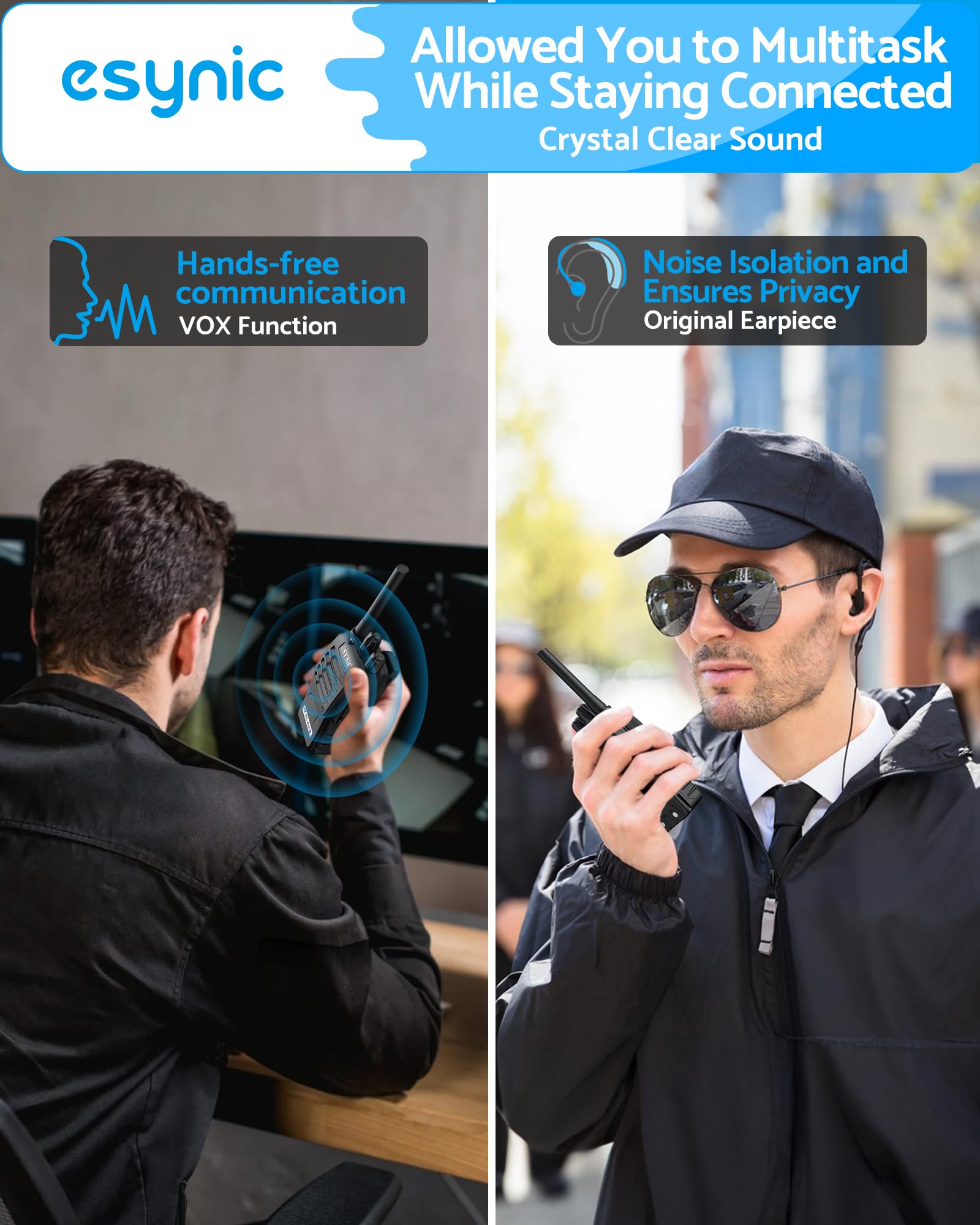 eSynic rechargeable VOX walkie talkies enable hands-free operation.