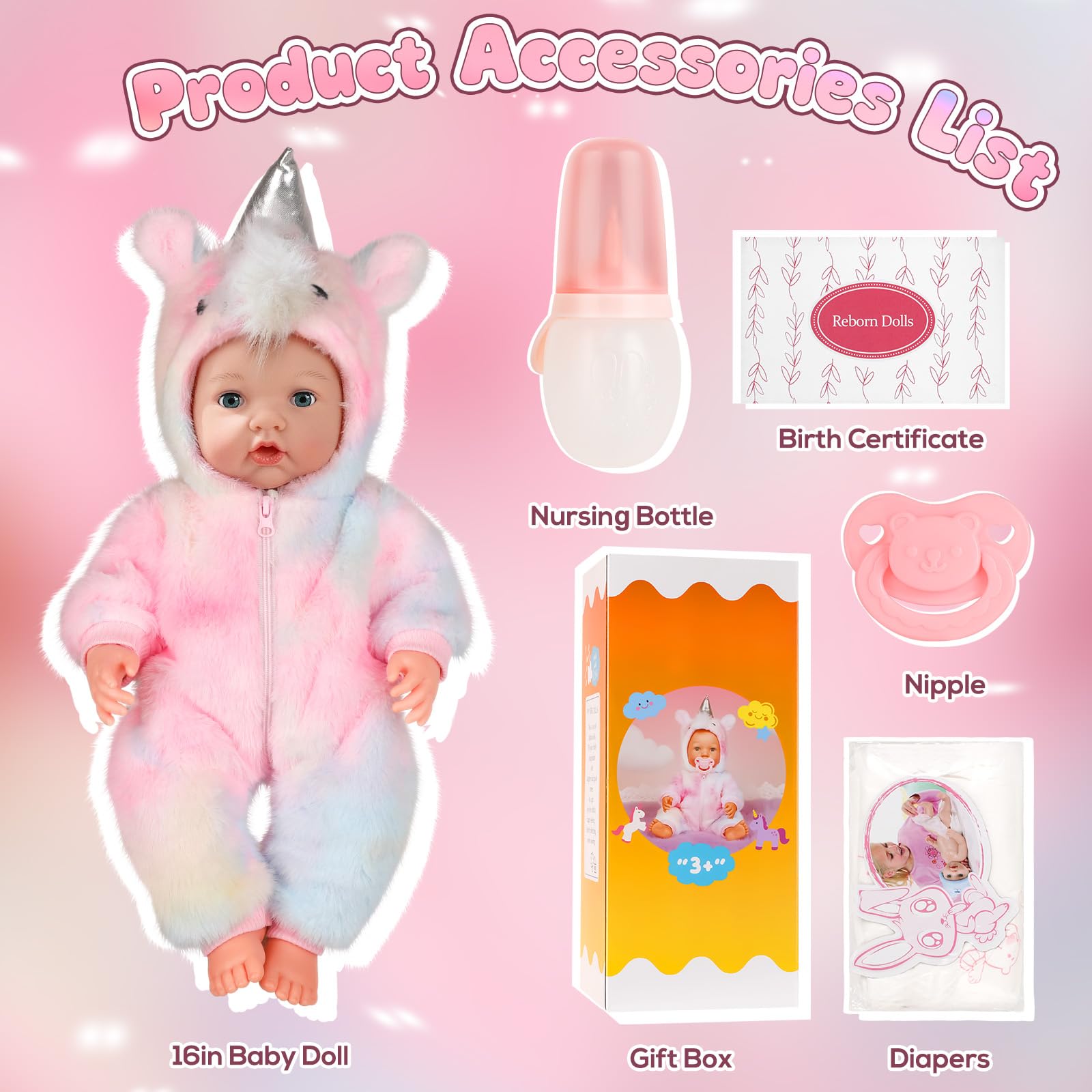 Eterfun doll includes bottle and pacifier for interactive feeding.