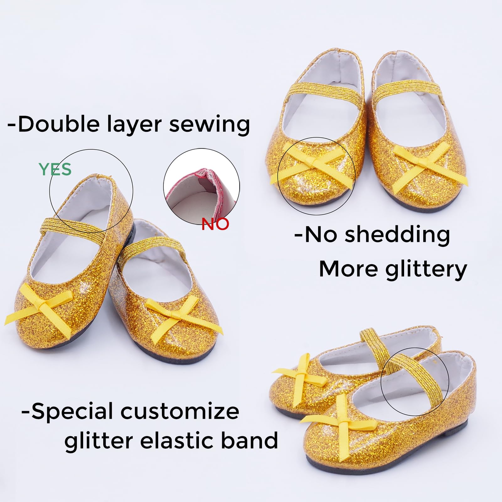 Etistta glitter doll shoes golden for festive looks on 18-inch dolls