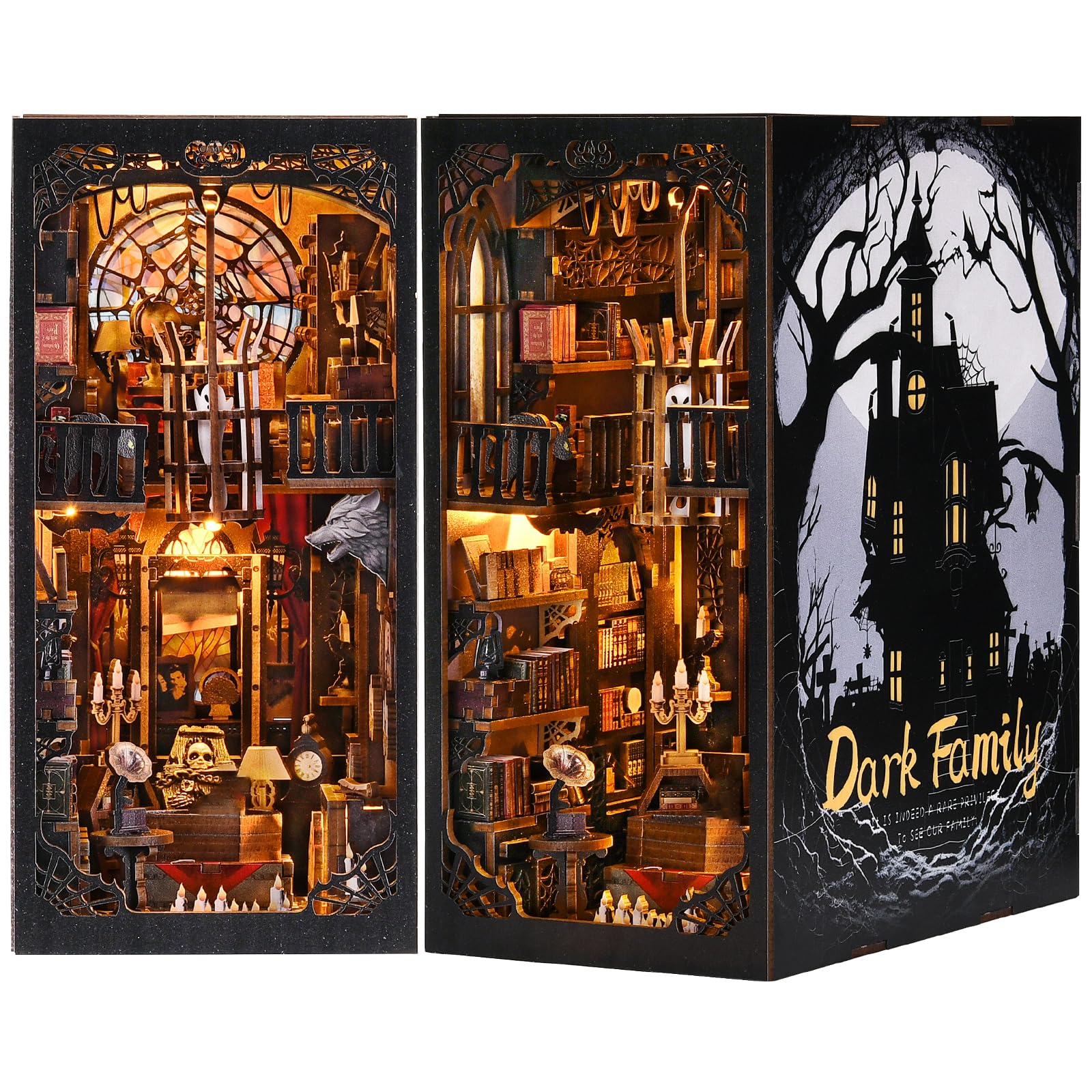 ETKVR dark-family book nook mansion with eerie glow enhances gothic shelf decor