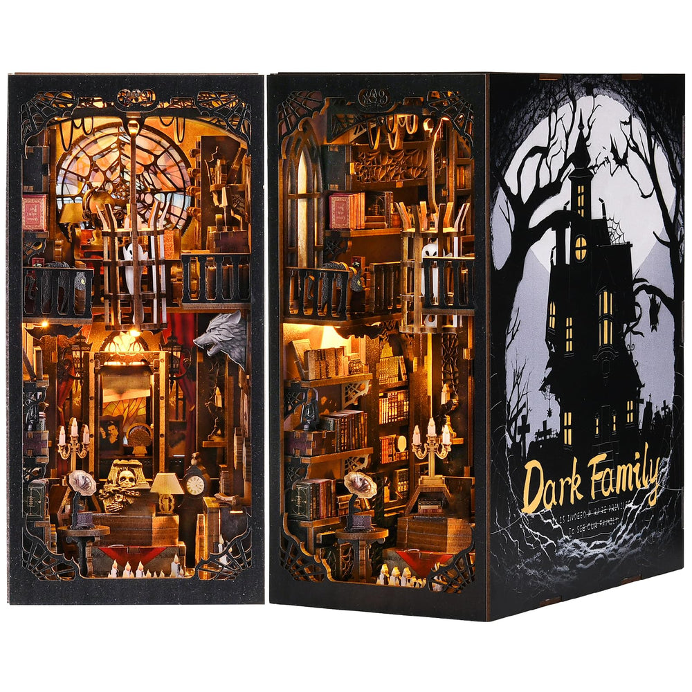 ETKVR dark-family book nook mansion with eerie glow enhances gothic shelf decor