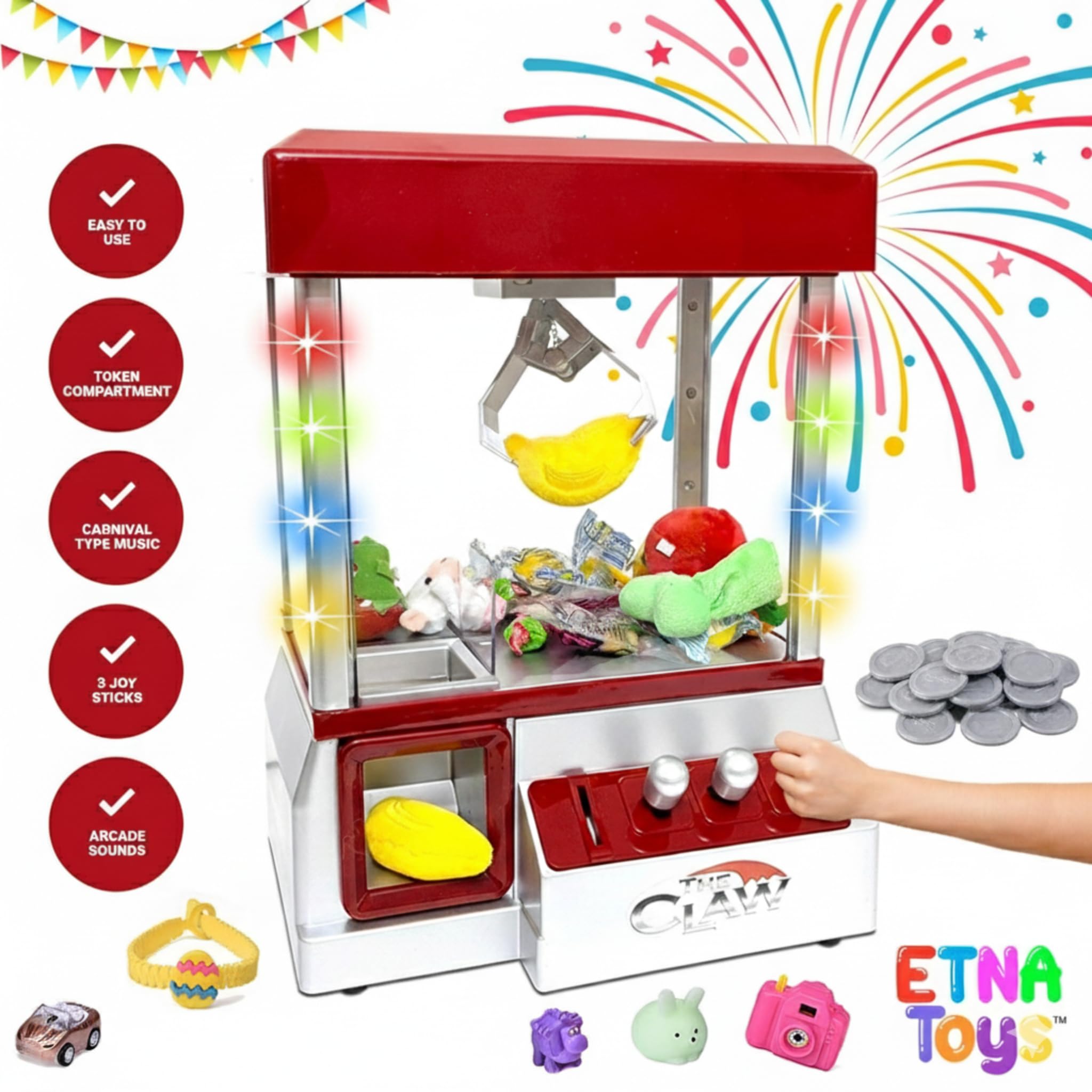 Etna claw machine battery compartment access for easy setup.