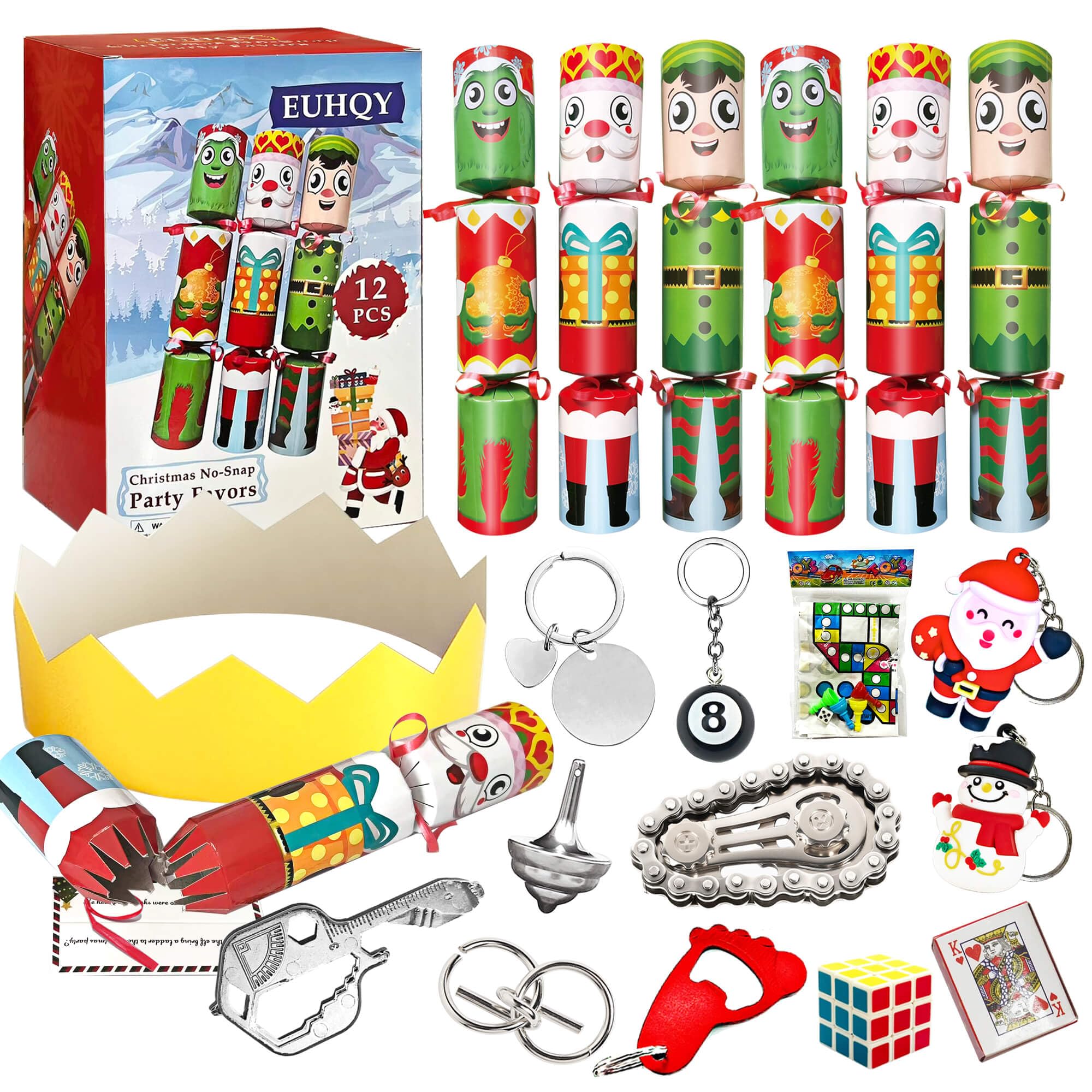 EUHQY 12-pack 10-inch Christmas non-snap favors on a festive table.