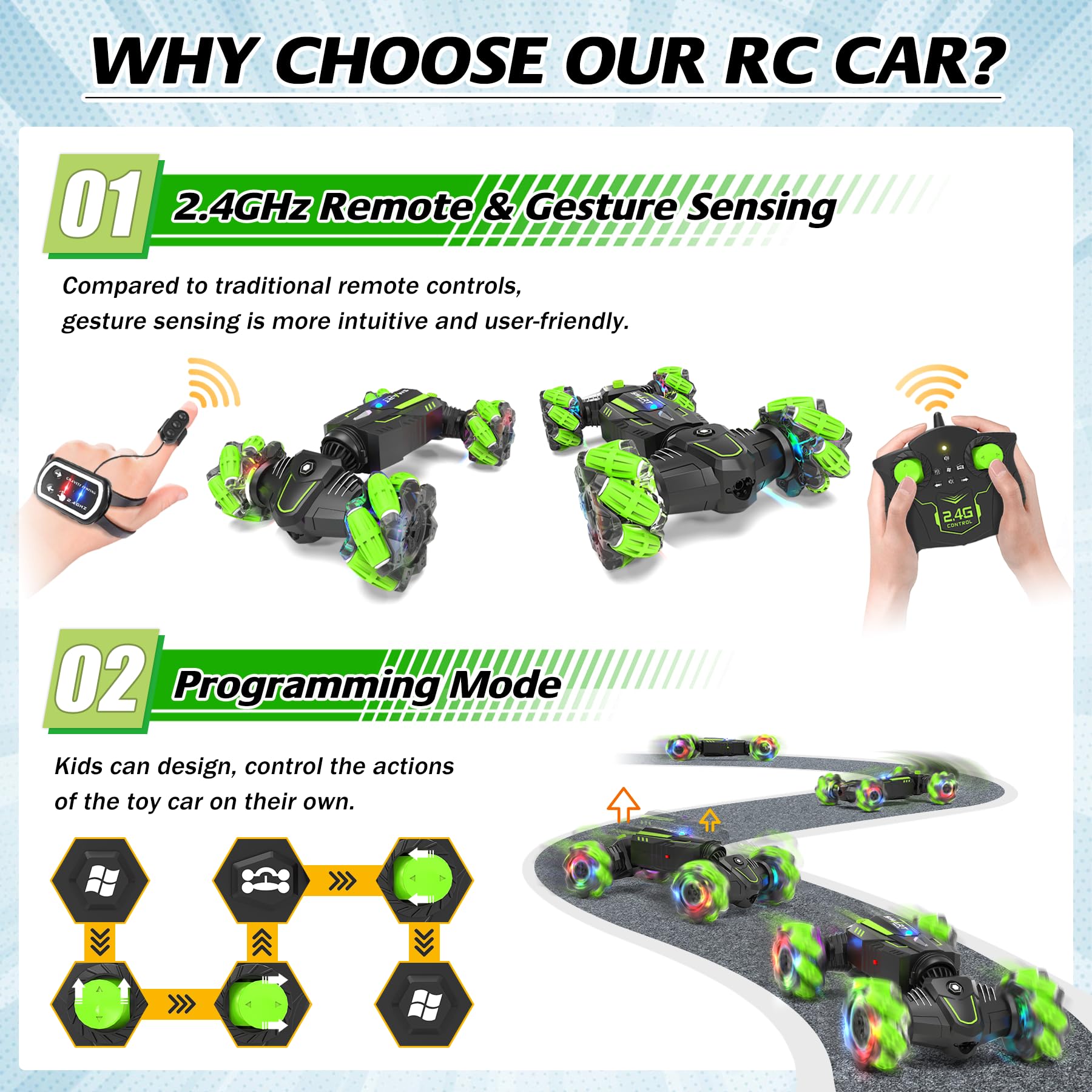Eulogia RC car on-road and off-road modes for varied terrains.