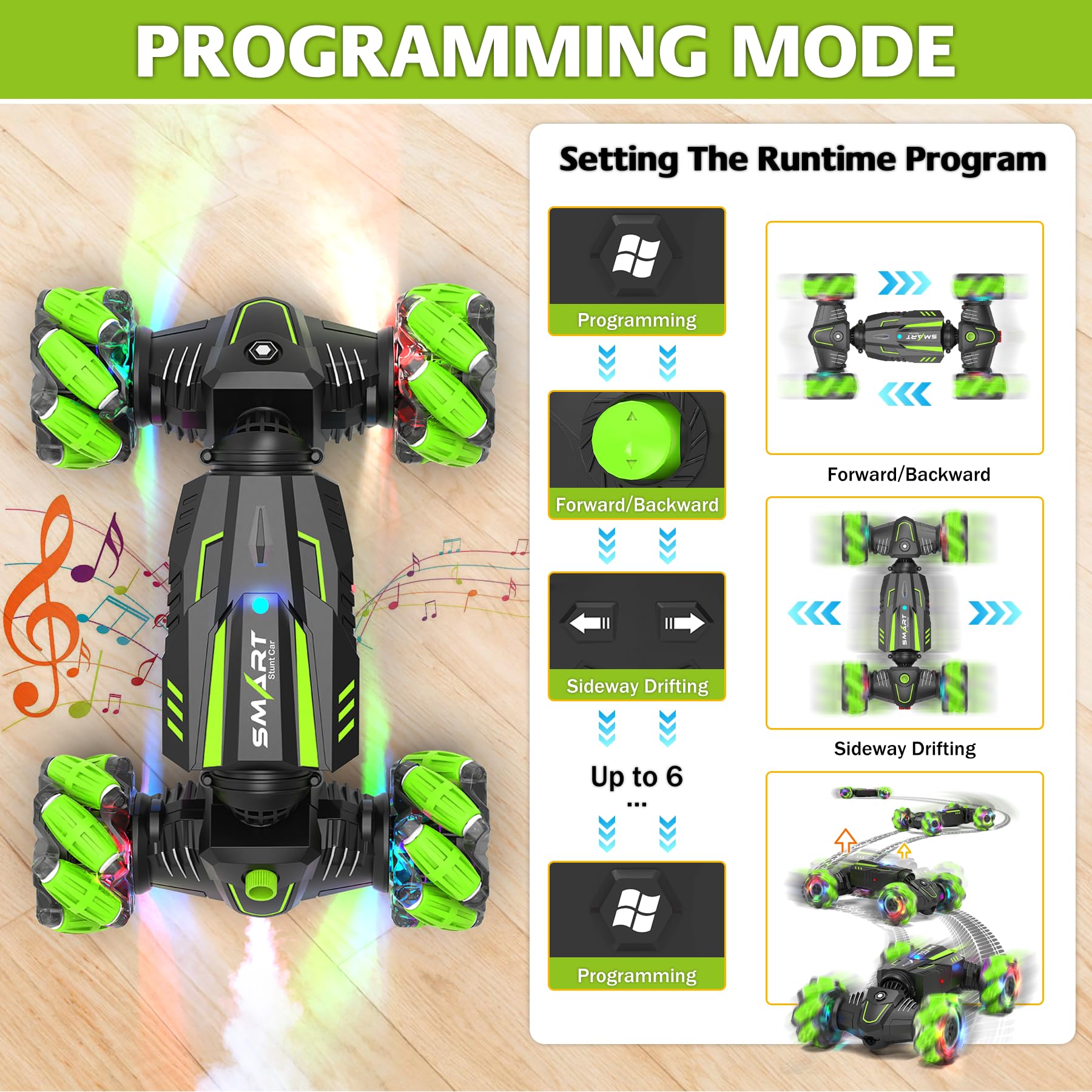 Eulogia RC car lights and music enhance nighttime play and immersion.