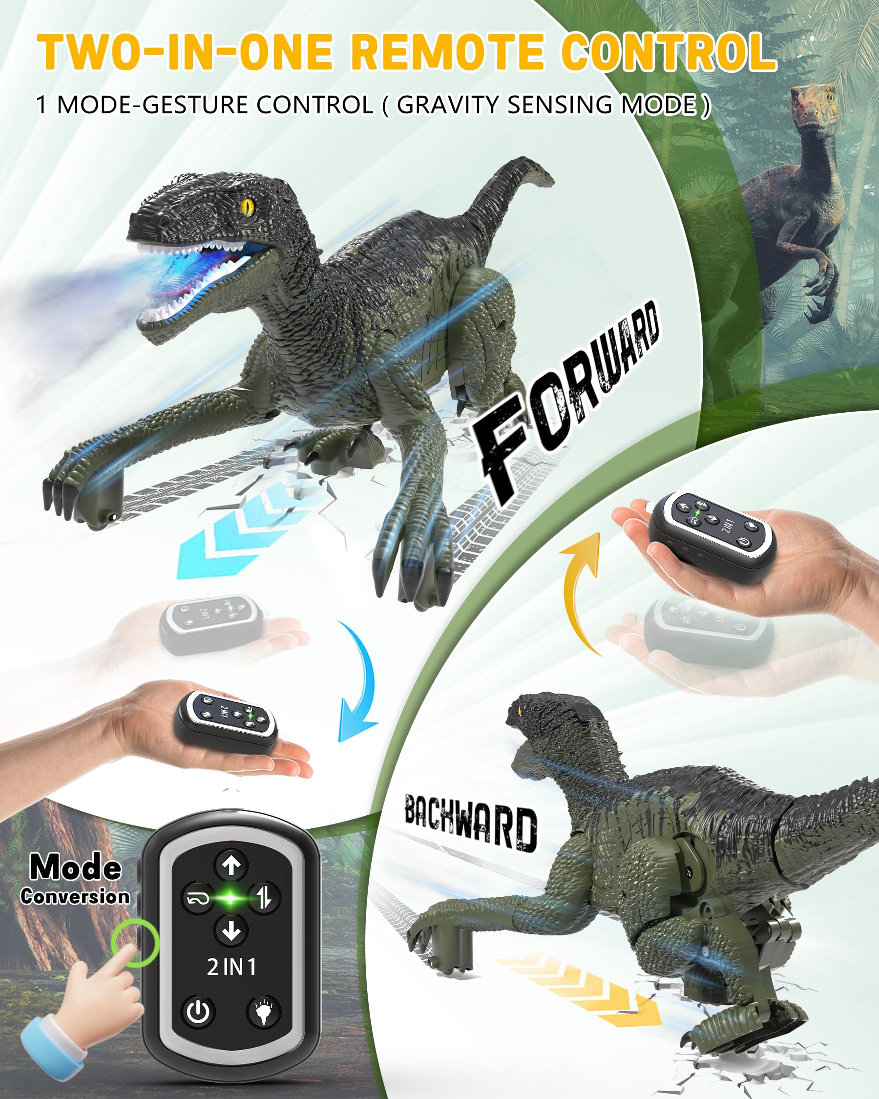Eulogia RC dinosaur car tail swing for dynamic pretend play.