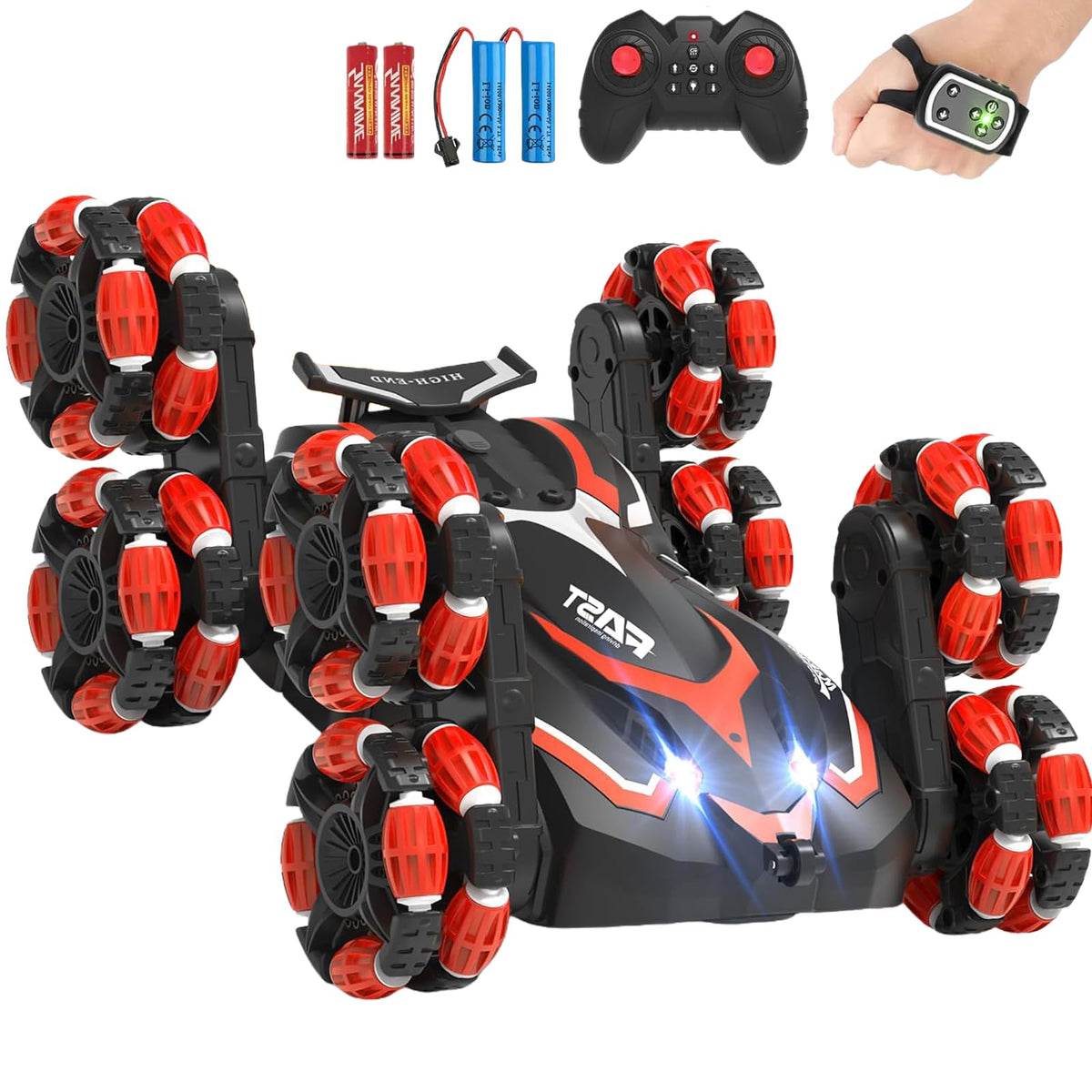 Eulogia remote control car performing 360° stunt from top view for indoor play.