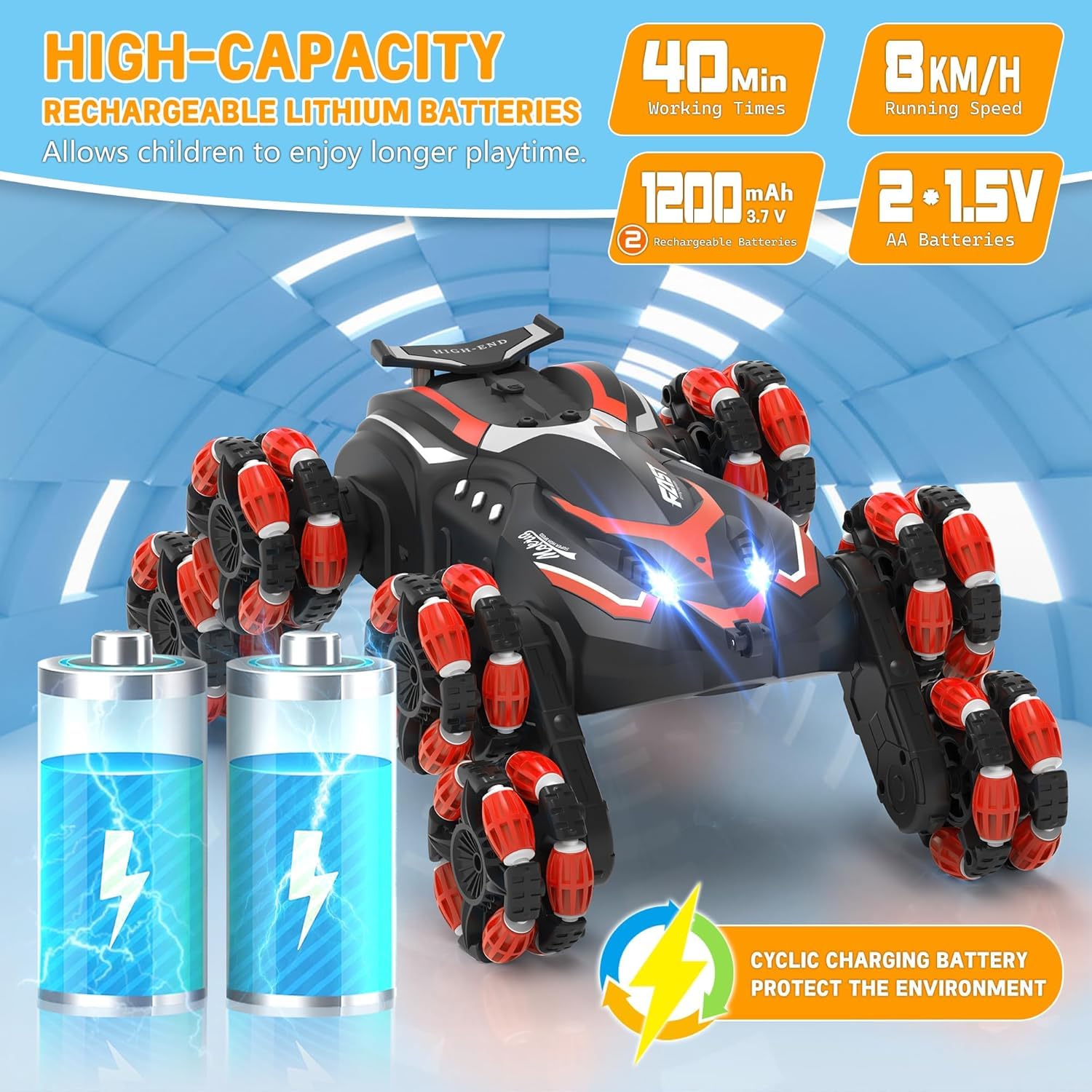 Eulogia RC car showing upright flip action for outdoor fun.