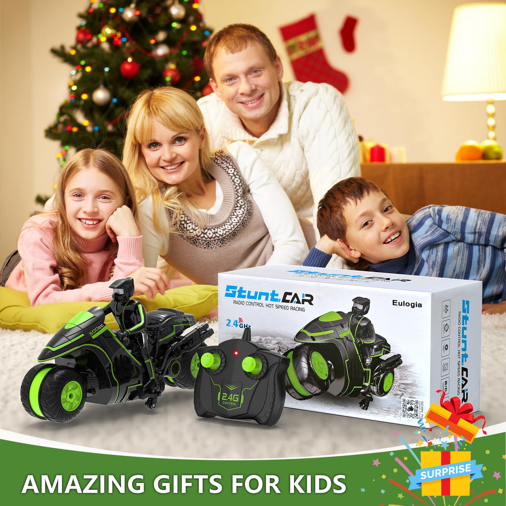 Eulogia RC motorcycle in gift-ready packaging, ideal for kids and family fun.