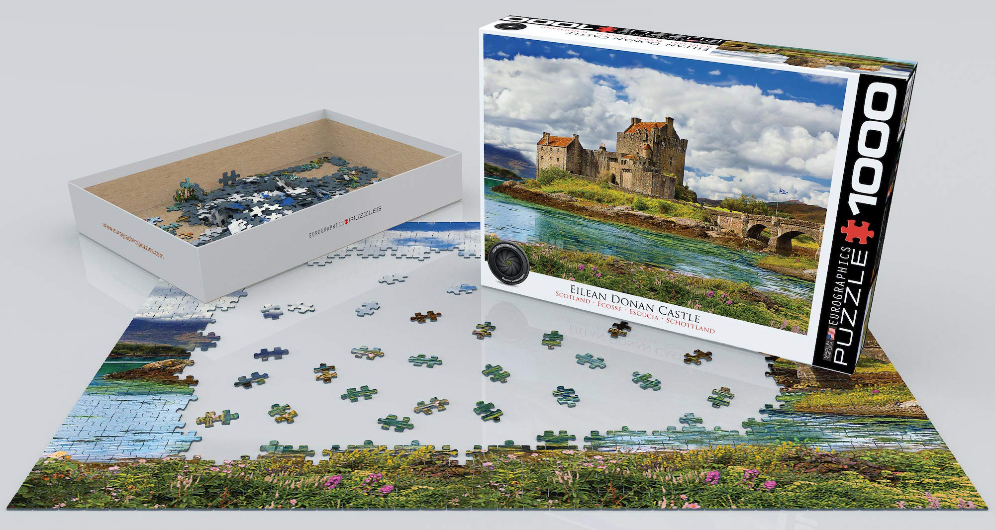 Finished EuroGraphics Eilean Donan Castle puzzle ready for display.