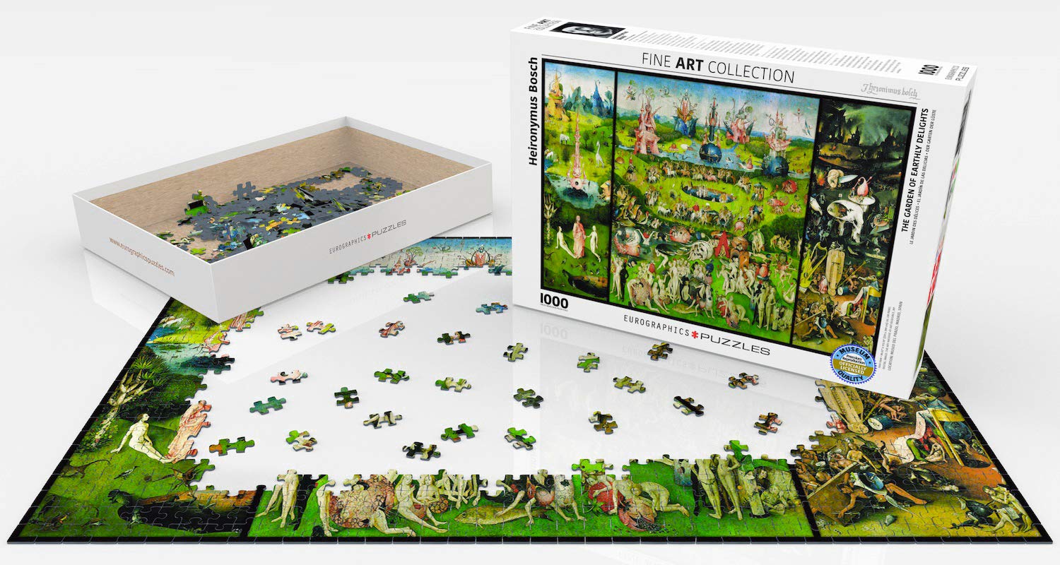 EuroGraphics Garden of Earthly Delights puzzle assembled, finished size ready for display.