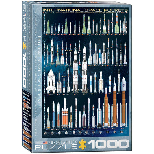 EuroGraphics Space Rockets puzzle box featuring rockets and launch date details, educational viewing.