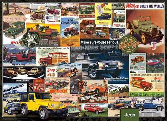 EuroGraphics Jeep Advertising Collection finished puzzle size image highlights large 19.25 by 26.5 inch artwork.