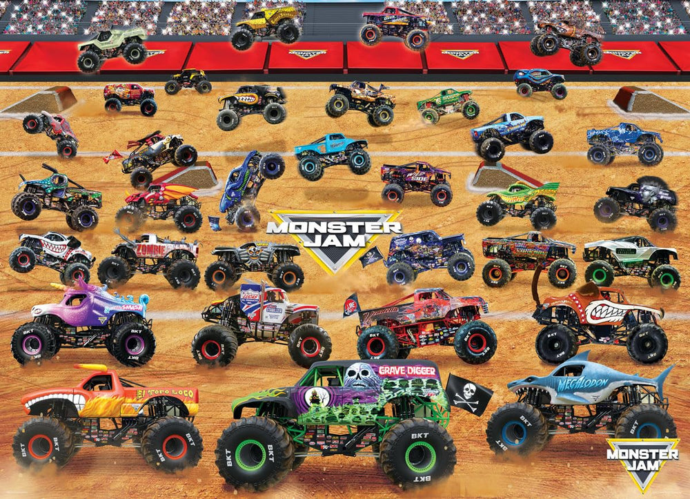 EuroGraphics Monster Jam Truck Lineup puzzle assembly image for kids and fans to enjoy challenging assembly.