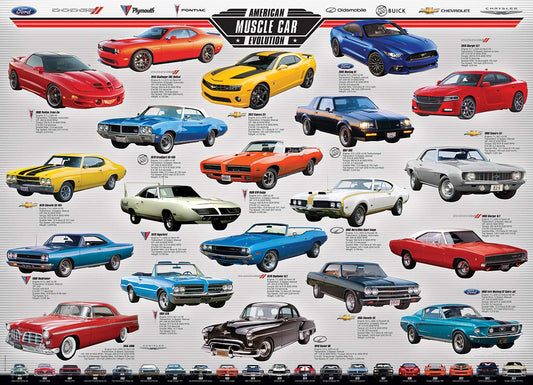EuroGraphics Muscle Car Evolution puzzle pieces arranged for collaborative, hands-on assembly and brain training.