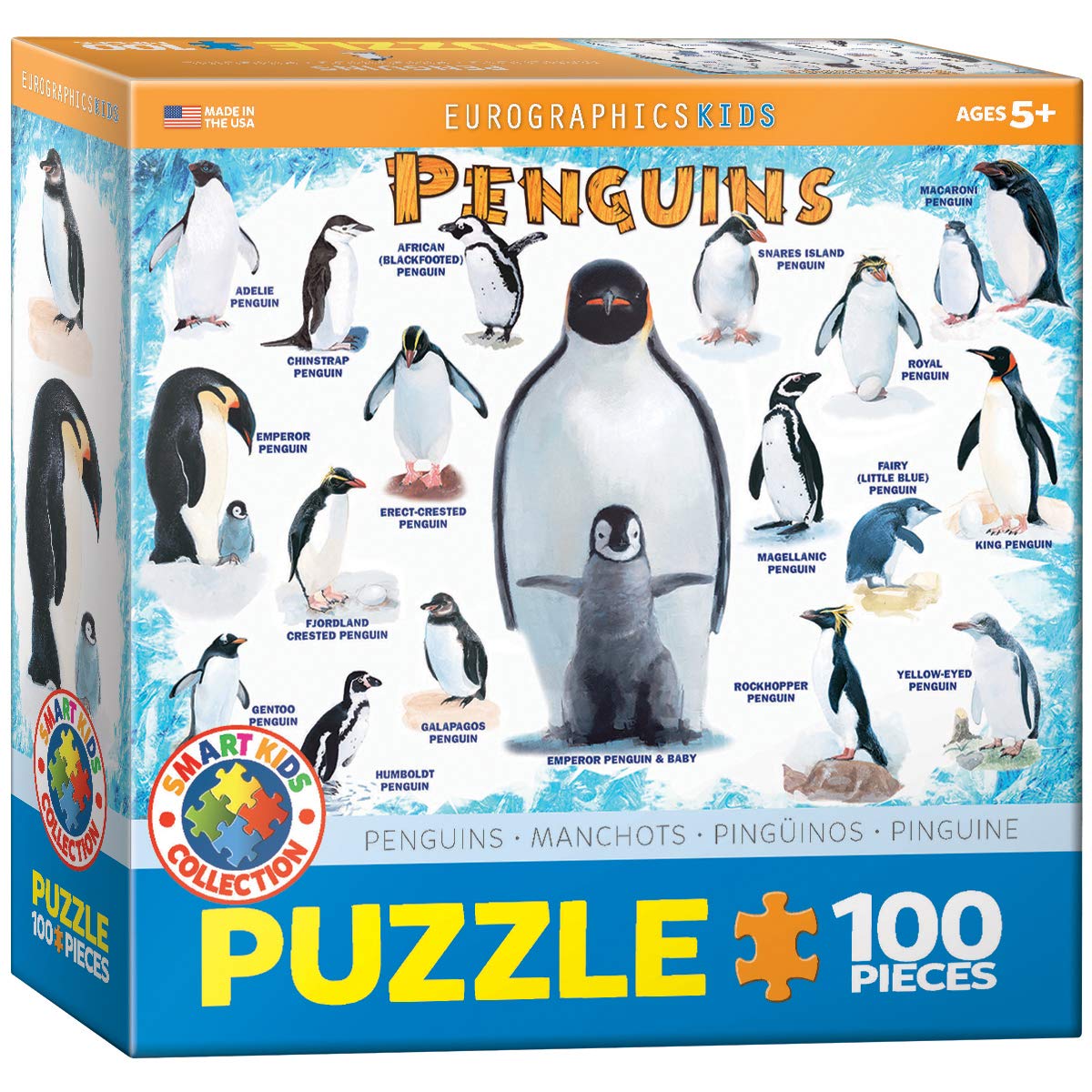 EuroGraphics penguins 100-piece puzzle box, durable packaging for easy storage.