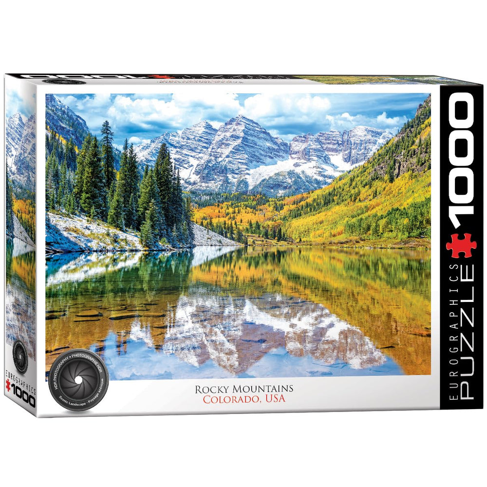 EuroGraphics Rocky Mountains puzzle box displayed on a coffee table, ideal for family puzzle sessions.
