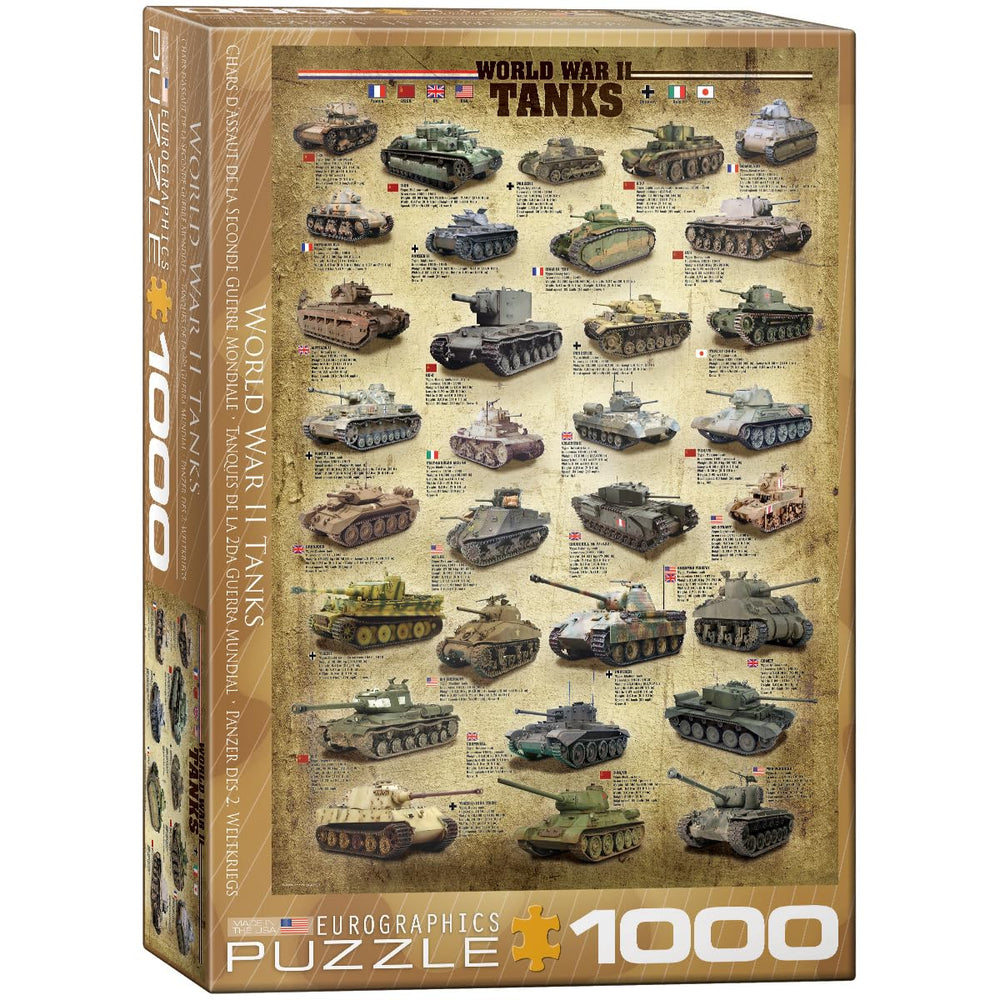 EuroGraphics Tanks of WWII 1000-piece puzzle featuring WWII tanks, ideal for solo or family challenge and learning.
