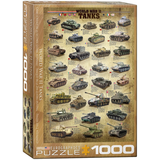EuroGraphics Tanks of WWII 1000-piece puzzle featuring WWII tanks, ideal for solo or family challenge and learning.