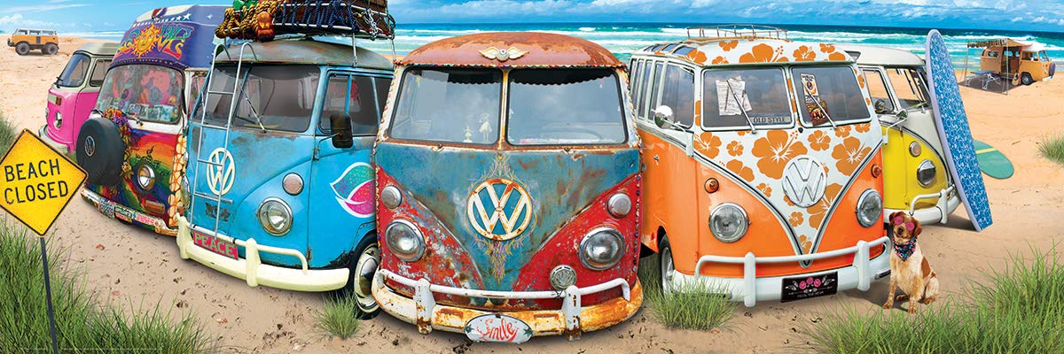 EuroGraphics VW Kombination puzzle pieces spread on a sturdy blue board for durable play