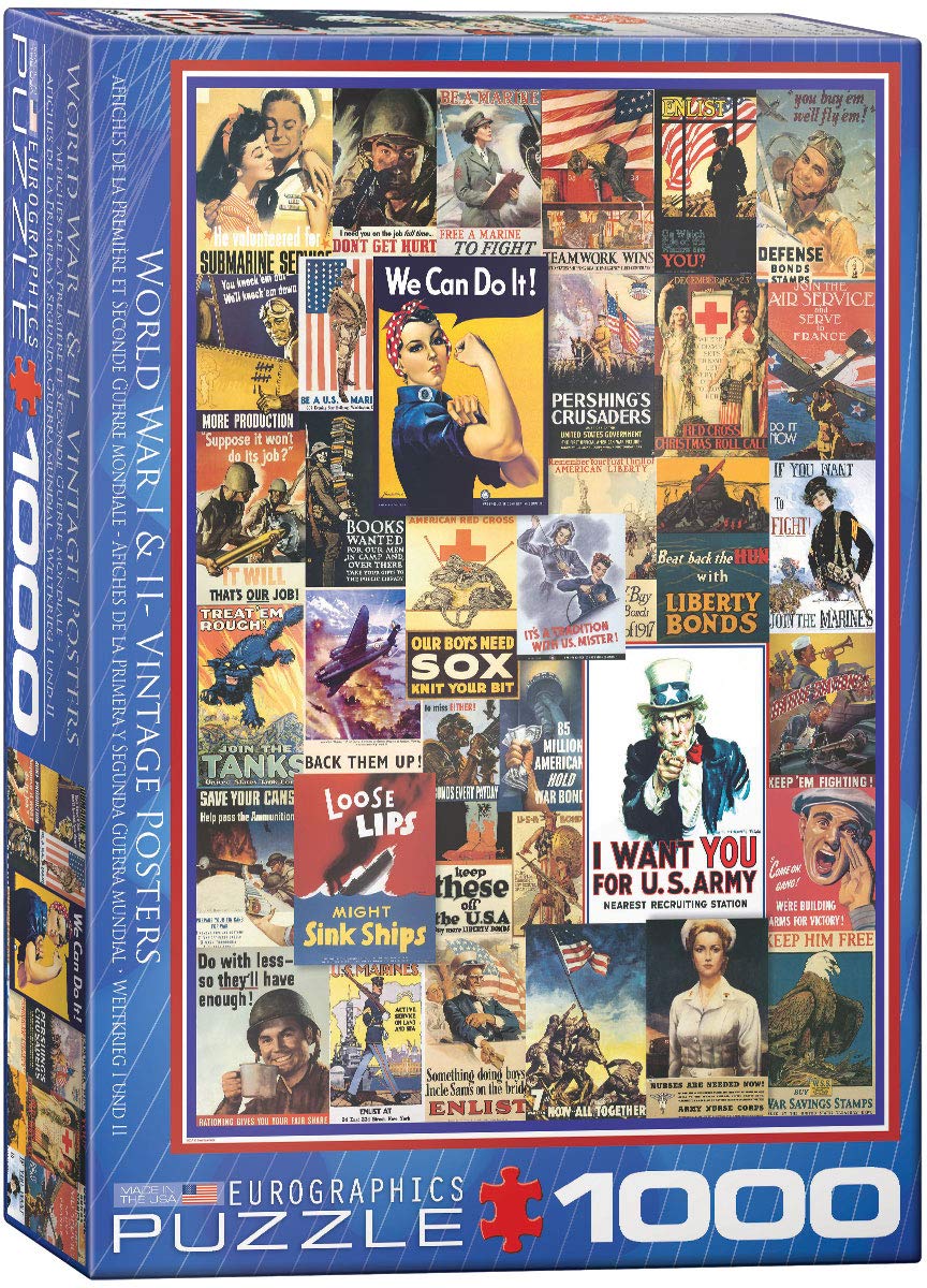 EuroGraphics 1000-piece puzzle with WWI and WWII posters, ideal for family nights.