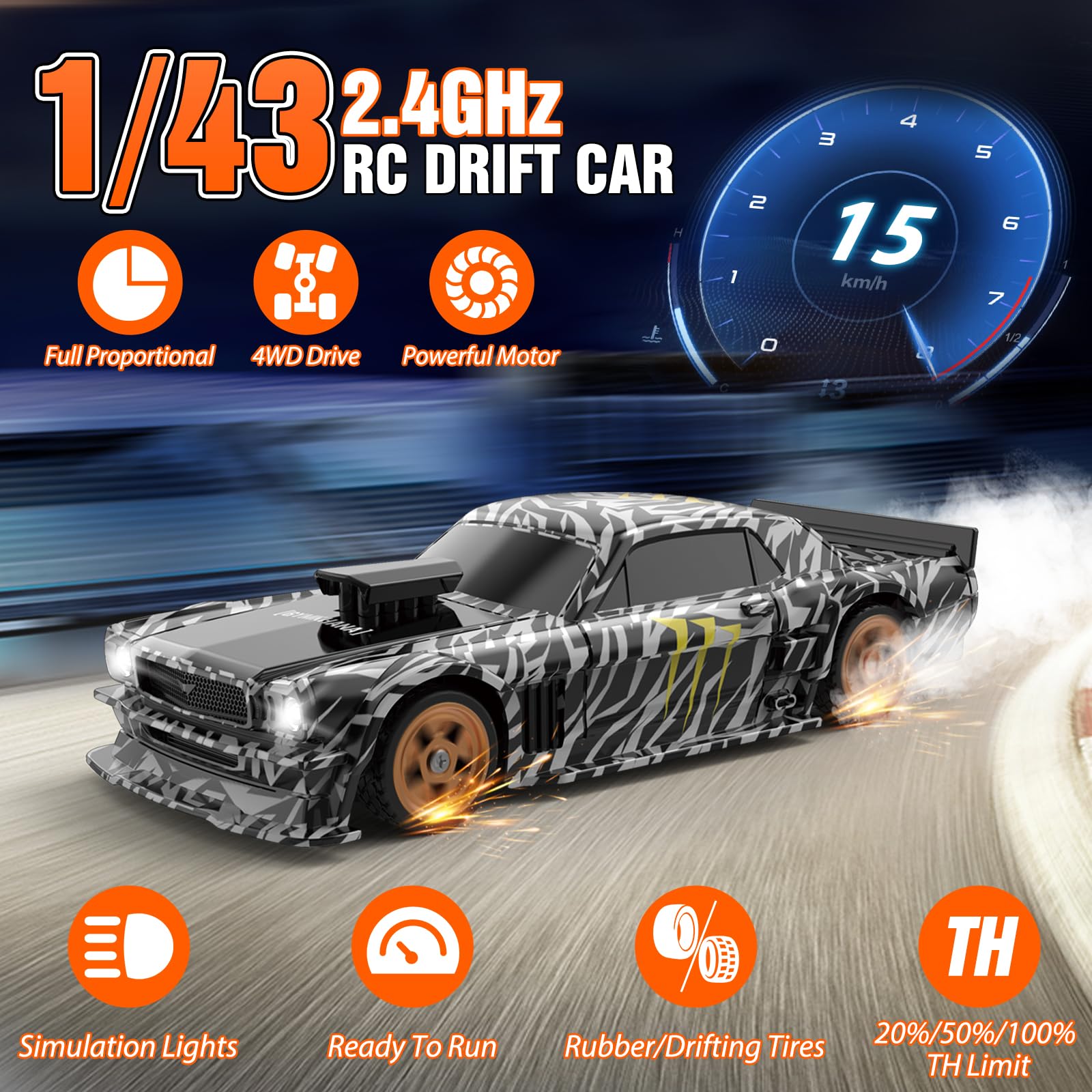 Everbigmai RC drift car with LED lights for realistic night racing