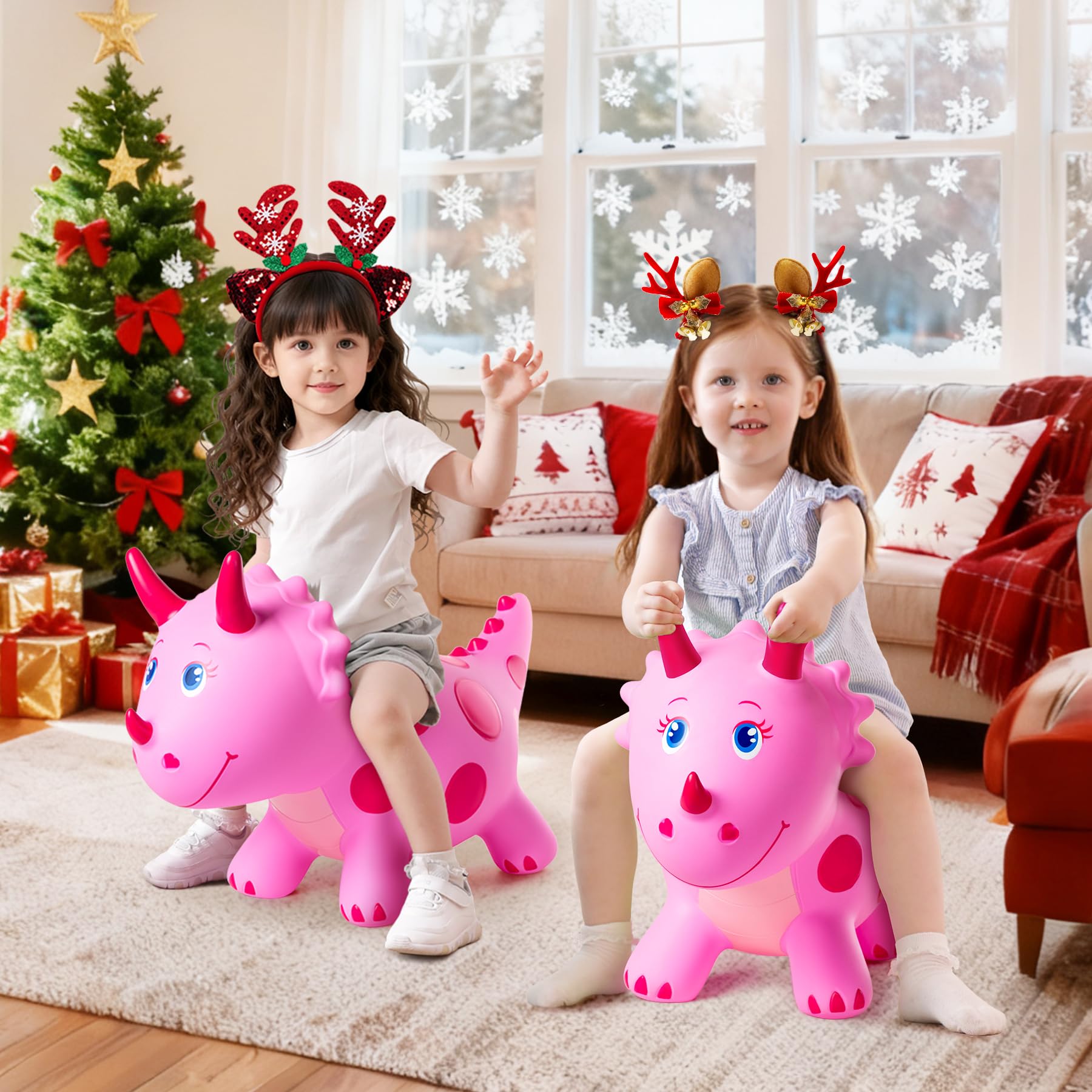 EVERICH TOY child riding the dino hopper indoors and outdoors.