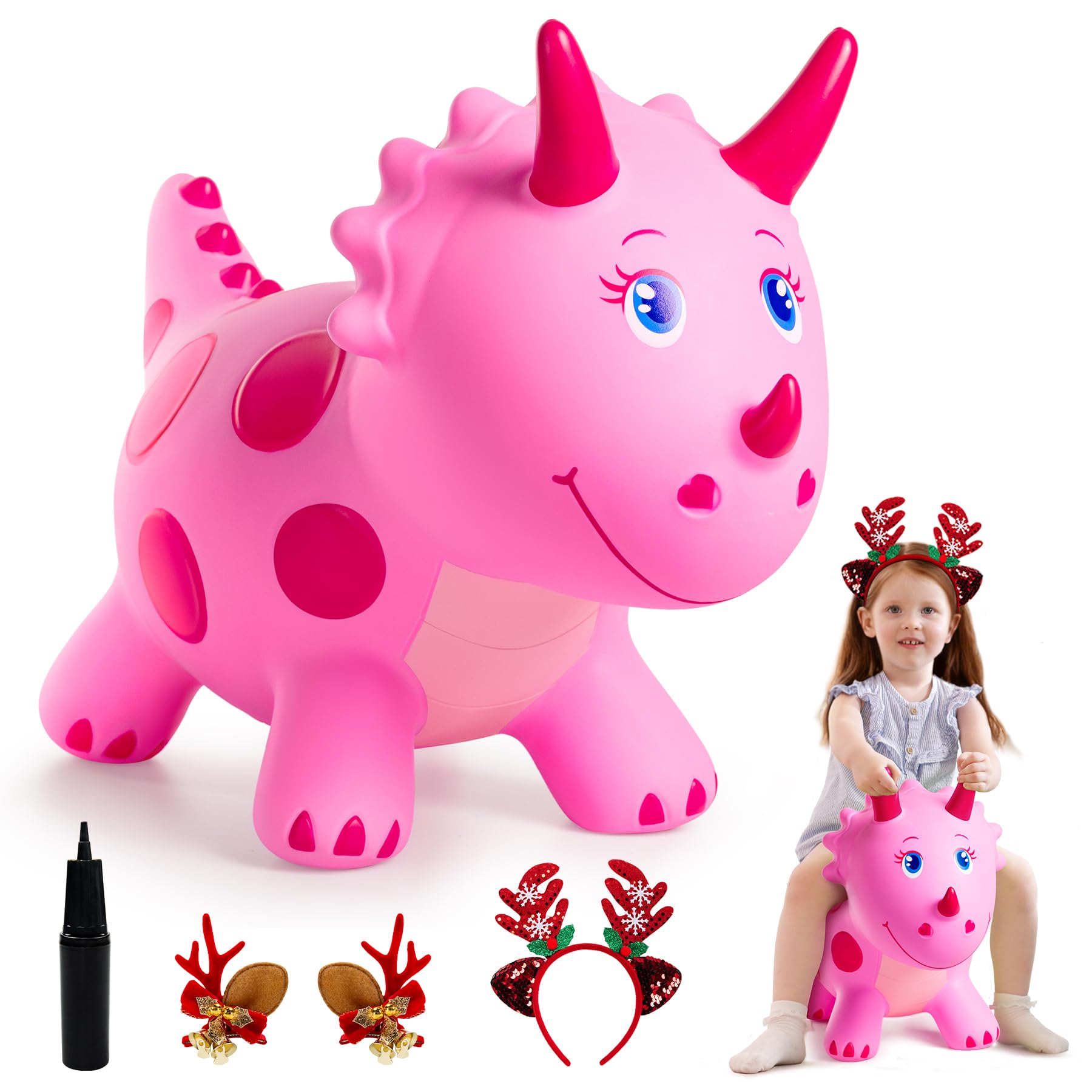 EVERICH TOY pink Triceratops hopper front view for safe indoor play.