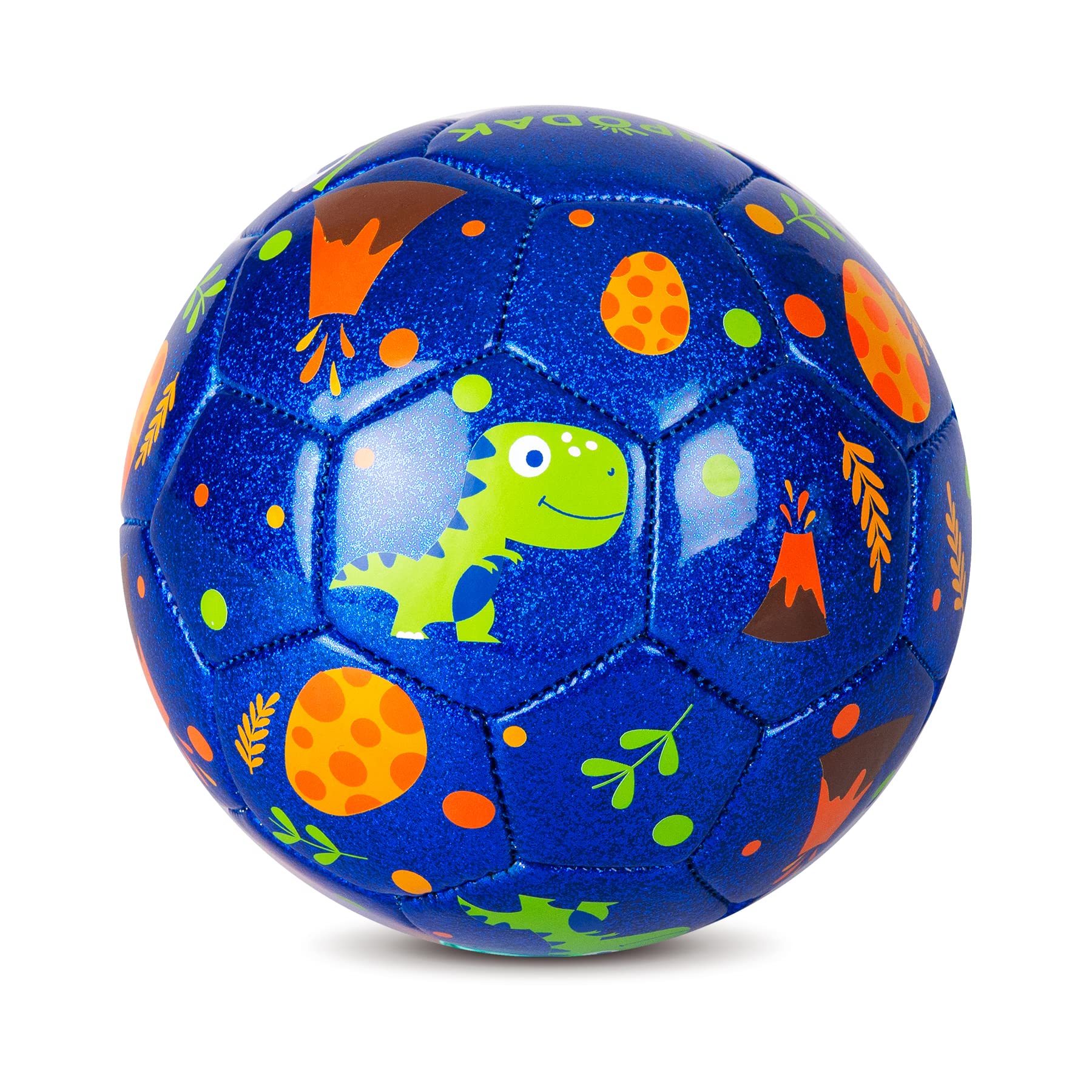 Everich Toy blue dinosaur soccer ball front view, perfect for toddlers' kicking practice.