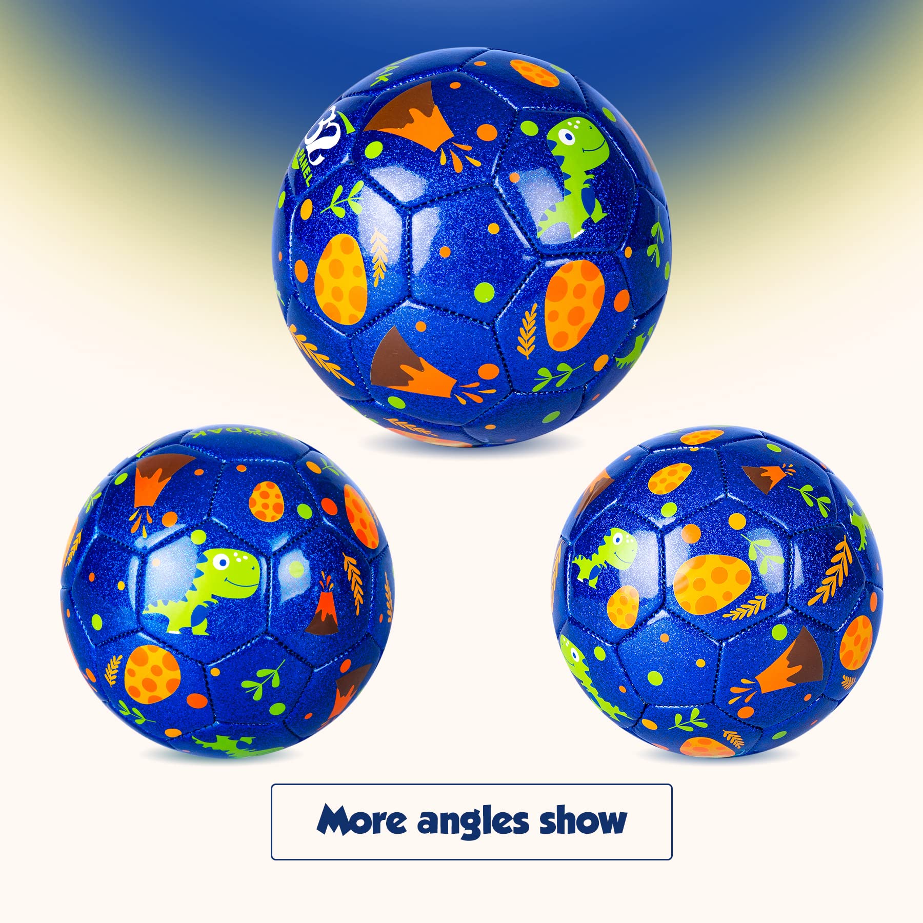 Everich Toy blue dinosaur soccer ball rolling on grass, ideal for park fun.