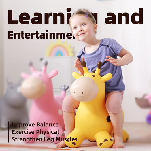 Child enjoys bouncing on the giraffe hopper for joyful movement.