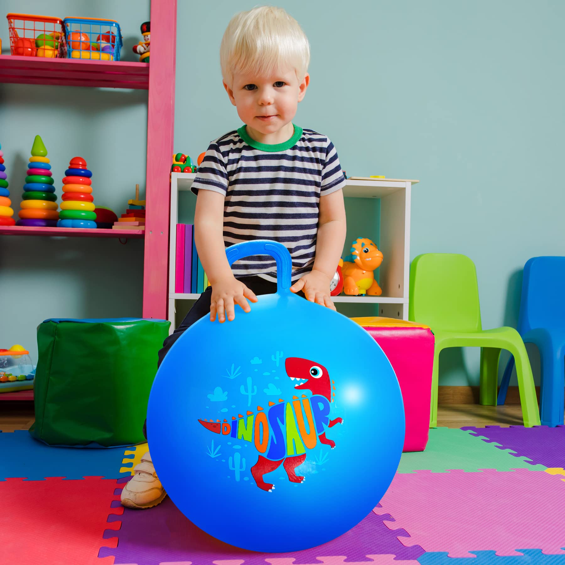 Blue dinosaur hopper ball packaging shown, gift-ready and party-friendly.