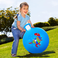 Kid using the dinosaur blue hopper outdoors for active play.