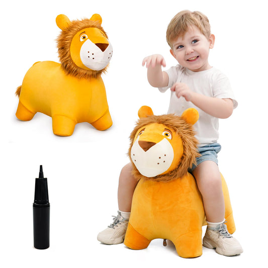 EVERICH TOY Lion Bouncy Horse front view with soft plush and friendly face.