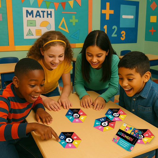 Evermade Adsumudi players using cards during family math night